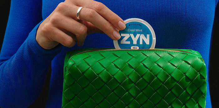 Discover ZYN - Hand taking out a blue ZYN Cool Mint can from a green purse